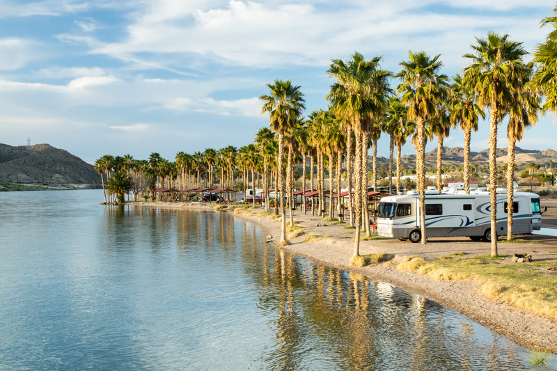 RV Motorhome by lake with palm trees Southeast Financial